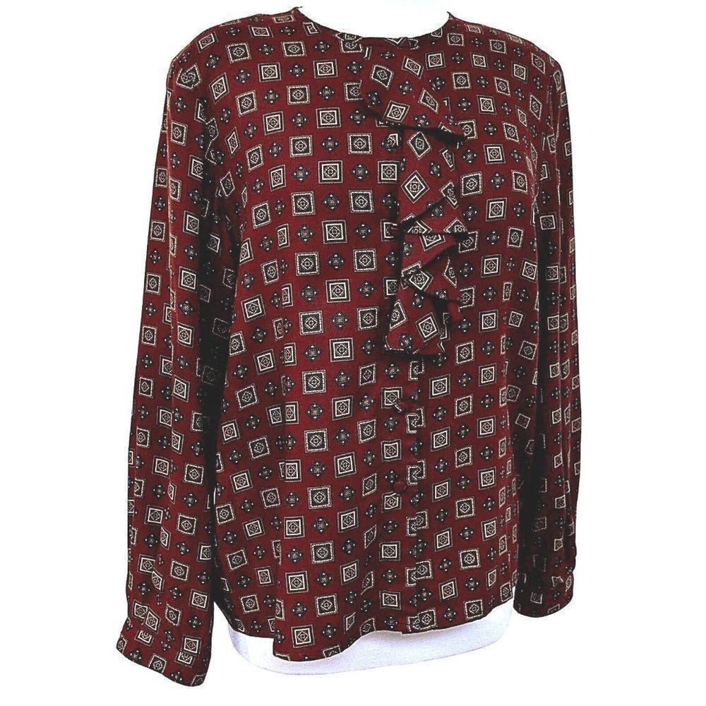 Talbots Vtg Print Blouse 10P Diamond Square Pattern Wine Dark Green Gold Career